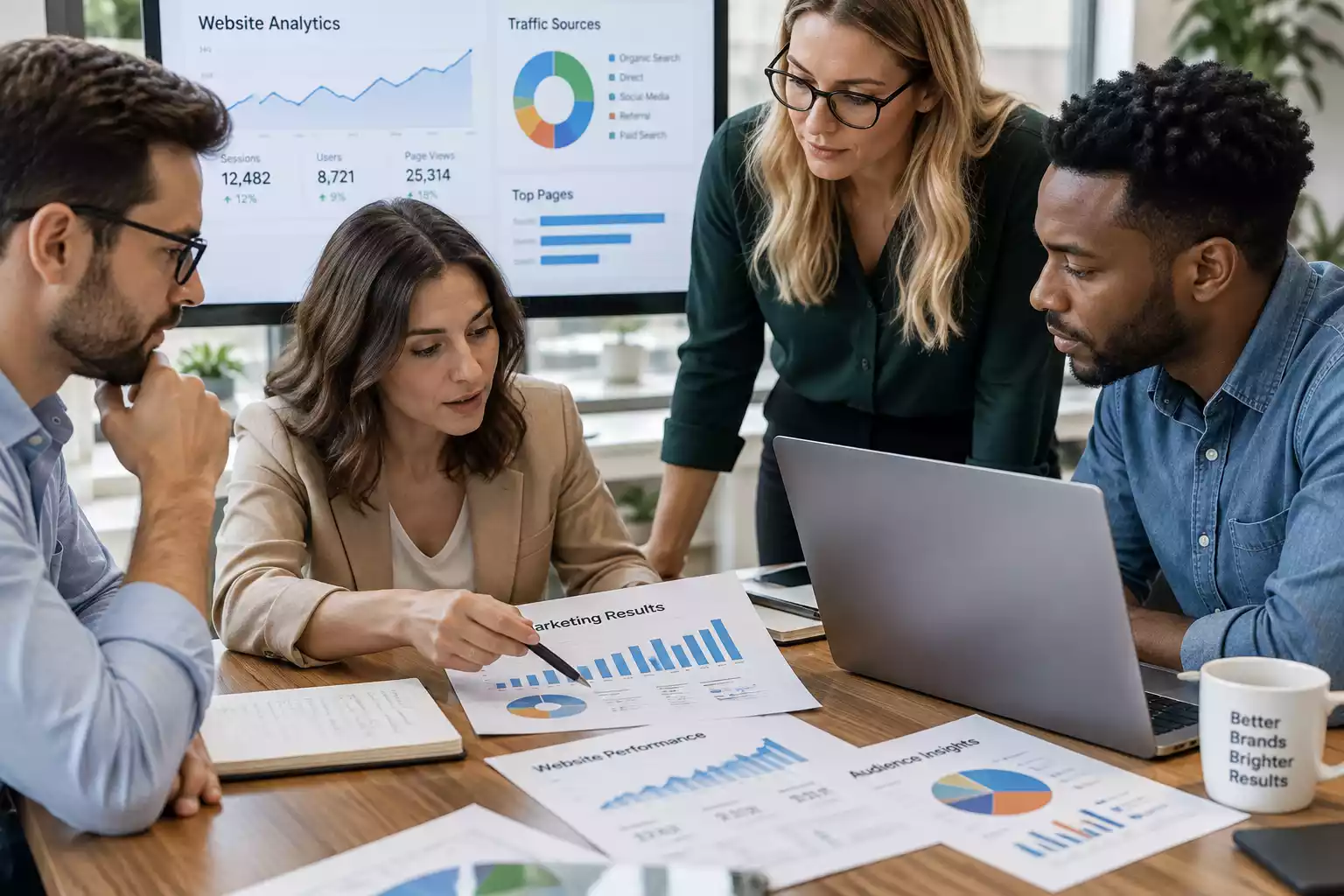 Marketing team reviewing data-backed content and original research